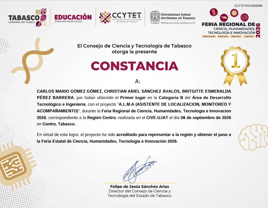 Constancia de primer lugar otorgada a A.L.M.A. en la Feria Regional de Ciencia, Humanidades, Tecnología e Innovación 2026